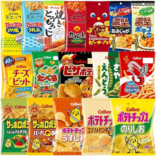 Japanese snacks from "Koikeya" and "Calbee."
